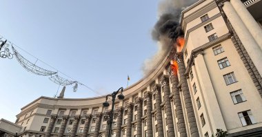 A fire at the Ukrainian government building in Kyiv, following an overnight attack, amid the Russian invasion of Ukraine, Sept. 7, 2025. (AFP Photo)