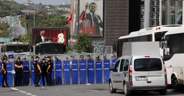 Police members police block the road leading to the Istanbul provincial office of the Republican People&#039;s Party (CHP), Istanbul, Türkiye, Sept. 8, 2025. (Reuters Photo)