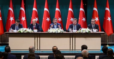 Vice President Cevdet Yılmaz (C) and other officials present the government&amp;#039;s new medium-term program, Ankara, Türkiye, Sept. 8, 2025. (AA Photo)