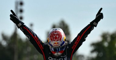 Red Bull Racing&#039;s Dutch driver Max Verstappen celebrates after winning the Italian Formula One Grand Prix at the Autodromo Nazionale Monza circuit, Monza, Italy, Sept. 7, 2025. (AFP Photo)