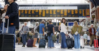 Commuters wait for train services at Liverpool Street station due to a Tube strike that has shut down nearly all London Underground services, London, Britain, Sept. 8, 2025. (EPA Photo)