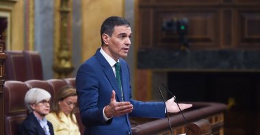 Spanish Prime Minister Pedro Sanchez speaks in the Spanish Congress in Madrid, Spain, March 26, 2025. (DHA Photo)
