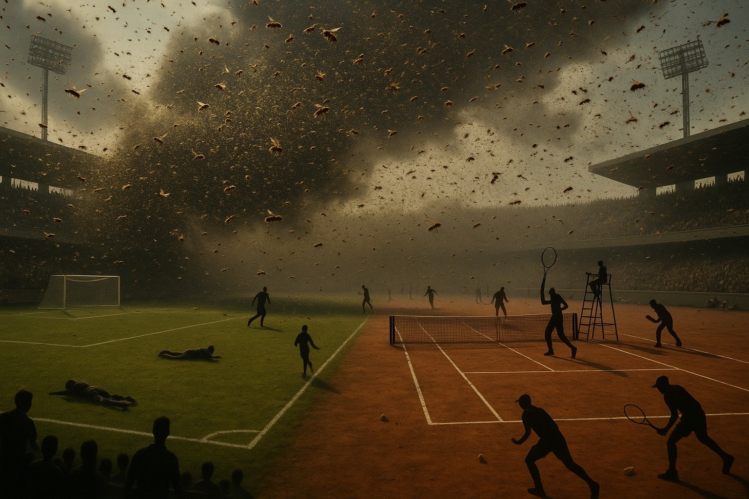 An AI-generated stadium scene where football and tennis collide under a storm of swirling insects, players reduced to silhouettes battling chaos on a divided field. (Daily Sabah Illustration)