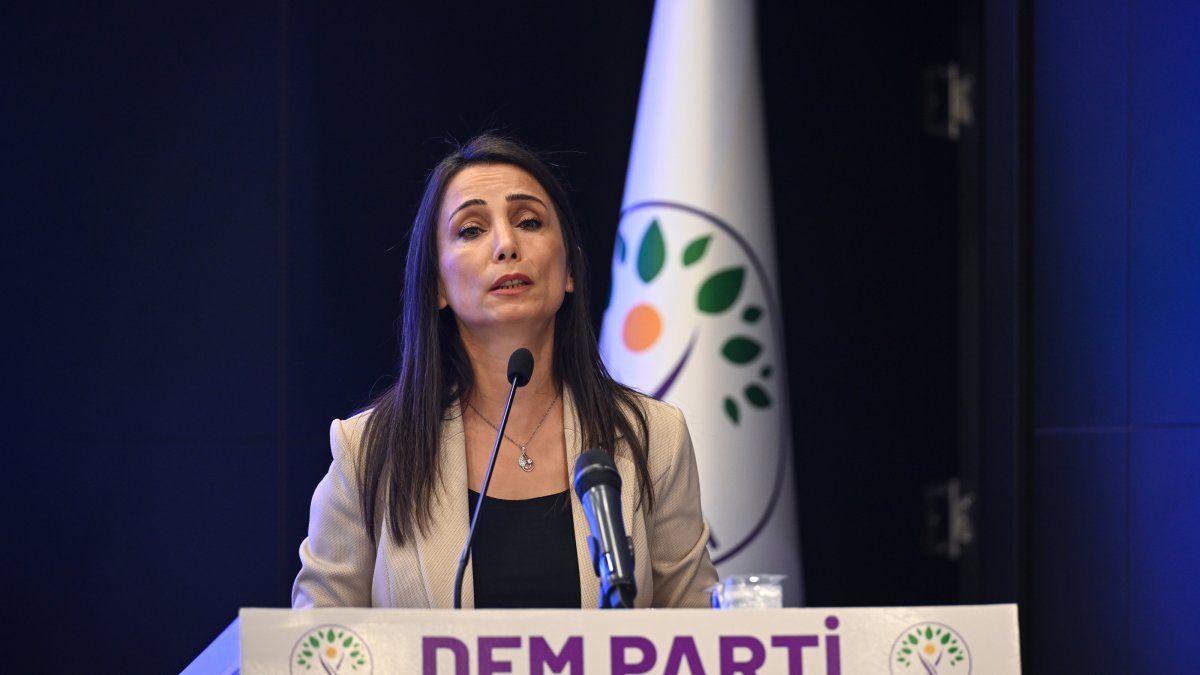 Tülay Hatimoğulları, co-chair of the Peoples’ Equality and Democracy Party (DEM Party), speaks at the party headquarters before a provincial co-chairs meeting, Ankara, Türkiye, Sept. 7, 2025. (AA Photo)