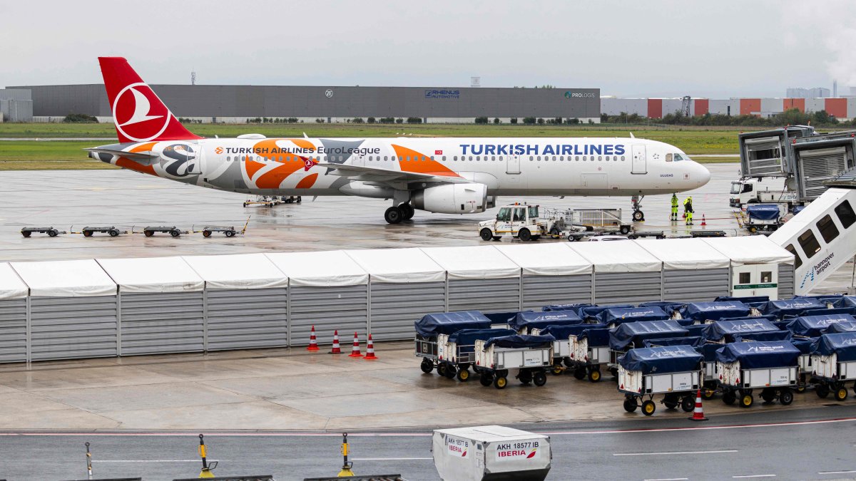 A Turkish Airlines airplane is pictured after landing, Hannover-Langenhagen, Germany, Sept. 1, 2025. (AFP Photo)
