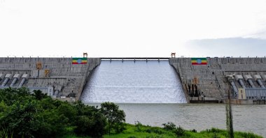 Large Ethiopian flags are displayed on the Grand Ethiopian Renaissance Dam (GERD), built along the Blue Nile, during its inauguration, Guba, Benishangul-Gumuz region, Ethiopia, Sept. 9, 2025. (Reuters Photo)