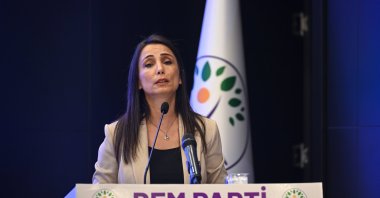 Tülay Hatimoğulları, co-chair of the Peoples’ Equality and Democracy Party (DEM Party), speaks at the party headquarters before a provincial co-chairs meeting, Ankara, Türkiye, Sept. 7, 2025. (AA Photo)