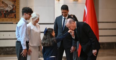 Luxembourg’s new Ambassador Daniel Da Cruz introduces embassy staff and family members to President Recep Tayyip Erdoğan during a ceremony at the Presidential Complex in Ankara, Türkiye, Sept. 9, 2025. (AA Photo)