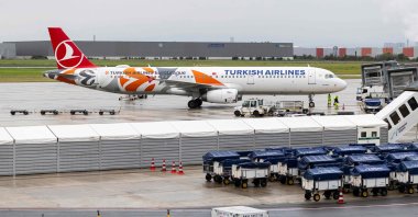 A Turkish Airlines airplane is pictured after landing, Hannover-Langenhagen, Germany, Sept. 1, 2025. (AFP Photo)