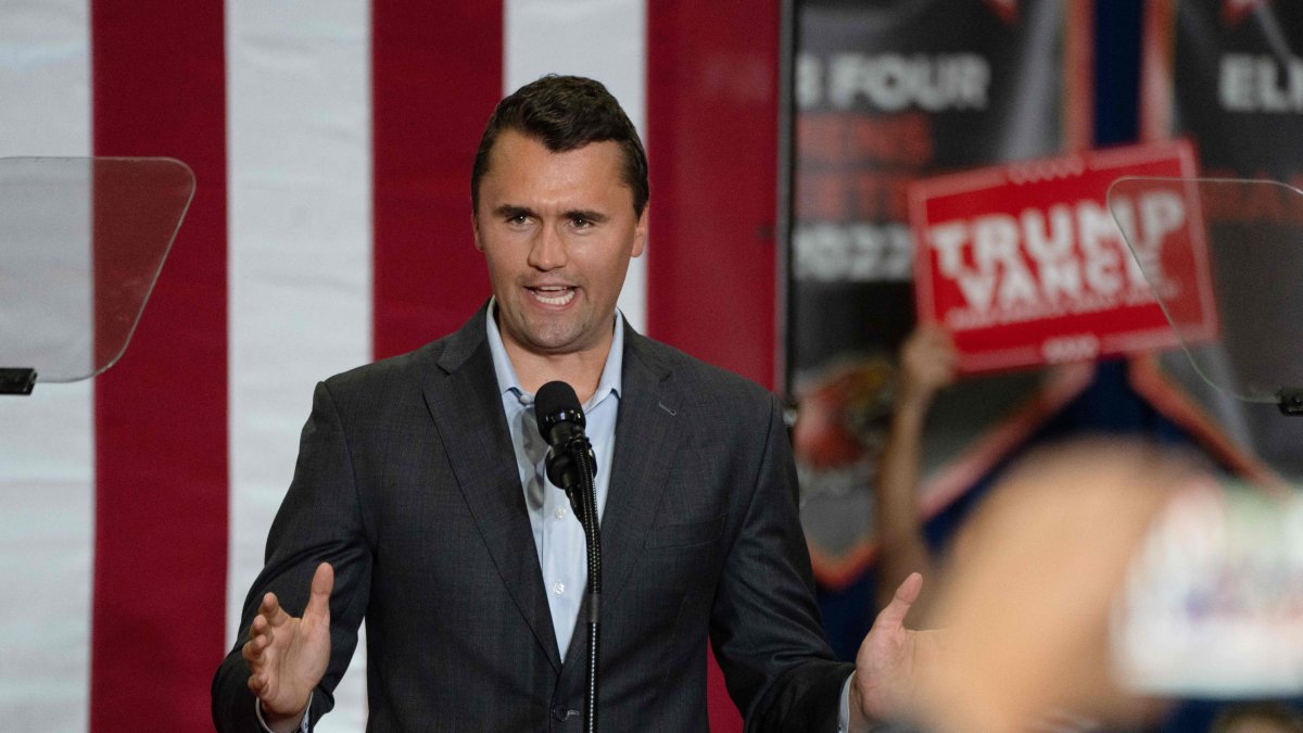 Charlie Kirk, Founder and President of Turning Point USA, addresses the crowd at a rally with Senator and Republican vice presidential candidate JD Vance during a campaign rally at Arizona Christian University Event Center in Glendale, Arizona, on July 31, 2024. (AFP Photo)