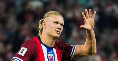 Norway&#039;s Erling Haaland celebrates scoring during the World Cup qualifiers Group I match against Moldova at Ullevaal Stadion, Oslo, Norway, Sept. 9, 2025. (Reuters Photo)