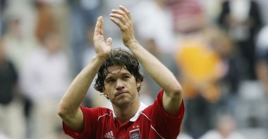 Michael Ballack reacts after the Bundesliga match between Bayern Munich and Hertha BSC Berlin at the Alianz Arena, Munich, Germany, Aug. 27, 2005. (AP Photo)