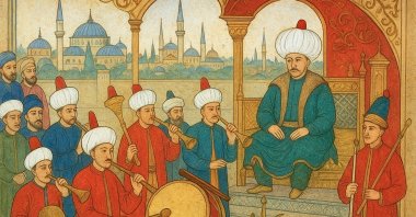 AI-generated artwork of an Ottoman mehter band playing drums and horns for a Sultan, with majestic mosques in the background.

