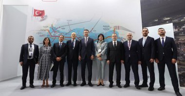 Energy and Natural Resources Minister Alparslan Bayraktar (5th L) and executives pose after signing the LNG supply deal between BOTAŞ and Eni, Milan, Italy, Sept. 9, 2025. (AA Photo)