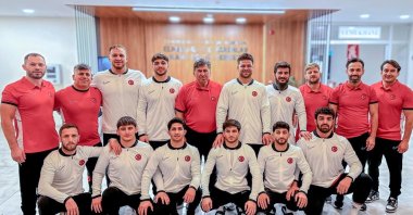This undated photo shows Türkiye&#039;s men&#039;s national wrestling team posing for a photo ahead of the 2025 World Wrestling Championships in Zagreb, Croatia. (IHA Photo)