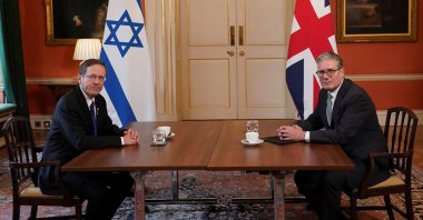Britain&#039;s Prime Minister Keir Starmer sits with Israel&#039;s President Isaac Herzog as he visits 10 Downing Street in London, Sept. 10, 2025. (Reuters Photo)