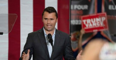 Charlie Kirk, Founder and President of Turning Point USA, addresses the crowd at a rally with Senator and Republican vice presidential candidate JD Vance during a campaign rally at Arizona Christian University Event Center in Glendale, Arizona, on July 31, 2024. (AFP Photo)