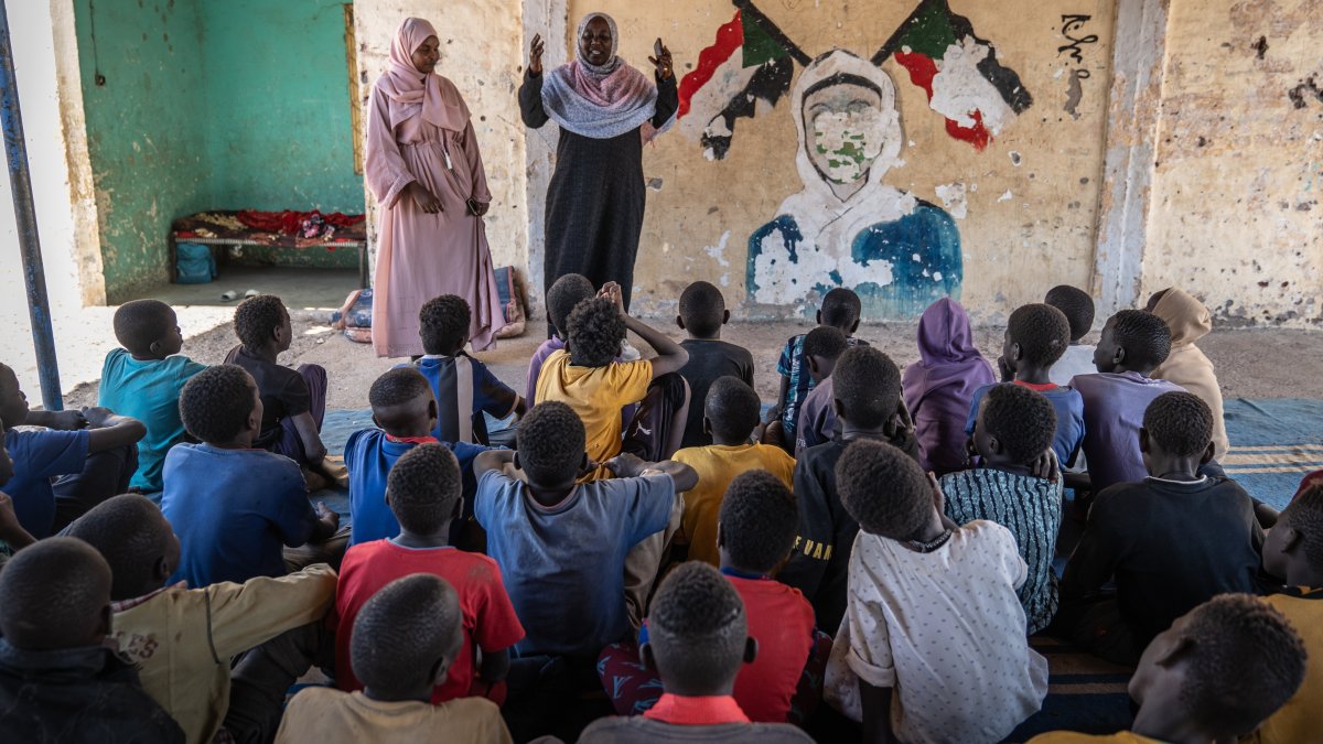 At morning assembly in a former school in the remote desert area of New Haifa, in Eastern Sudan, Jan. 23, 2025. (Getty Images)