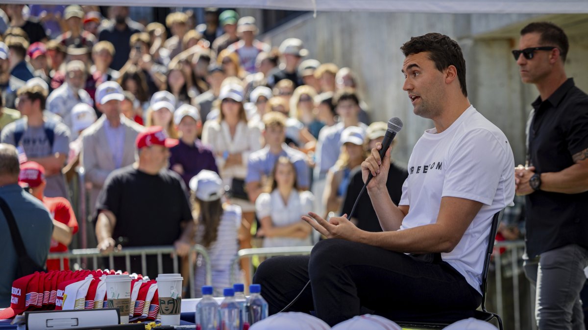 Charlie Kirk speaks before he is shot during Turning Point&#039;s visit to Utah Valley University in Orem, Utah, Sept. 10, 2025. (AP Photo)
