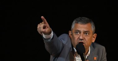 Özgür Özel, chairperson of the main opposition Republican People's Party (CHP), gestures while giving a speech during a rally in Kadiköy, Istanbul, Türkiye, Sept. 10, 2025. (AFP Photo)