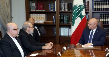 Lebanon&#039;s President Joseph Aoun (R) meets with Iran&#039;s head of the National Security Council, Ali Larijani, at the Presidential Palace, Baabda, Lebanon, Aug. 13, 2025. (AFP Photo)