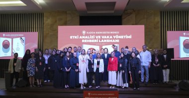 Participants at KADEM’s Women’s Support Centers pose during the launch of the Impact Analysis Report and Case Management Guide, Istanbul, Türkiye, Sept. 10, 2025. (AA Photo)
