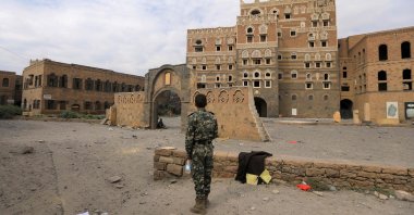 A security man stands guard near the National Museum building in Yemen&#039;s capital Sanaa following an Israeli airstrike the previous day, Sept. 11, 2025. (AFP Photo)