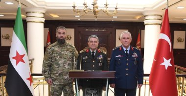 Chief of General Staff Gen. Selçuk Bayraktaroğlu (C) meets with Syrian Arab Republic Air Force and Air Defense Commander Brig. Gen. Aassem Rashed Hawary (L), in Ankara, Türkiye, Sept. 8, 2025. (AA Photo)