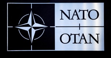 The logo of NATO is seen at a meeting of the council&#039;s defense ministers&#039; session, in Brussels, Belgium, Feb. 15, 2024. (Reuters Photo)