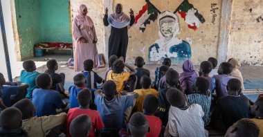 At morning assembly in a former school in the remote desert area of New Haifa, in Eastern Sudan, Jan. 23, 2025. (Getty Images)