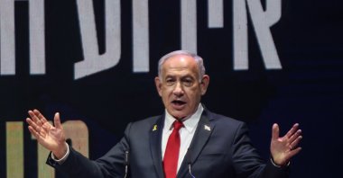 Prime Minister Benjamin Netanyahu delivers a speech during a signing ceremony for a framework agreement, aiming to speed up development in the illegal Israeli settlement of Maale Adumim, in the occupied West Bank, Sept. 11, 2025. (AFP Photo)