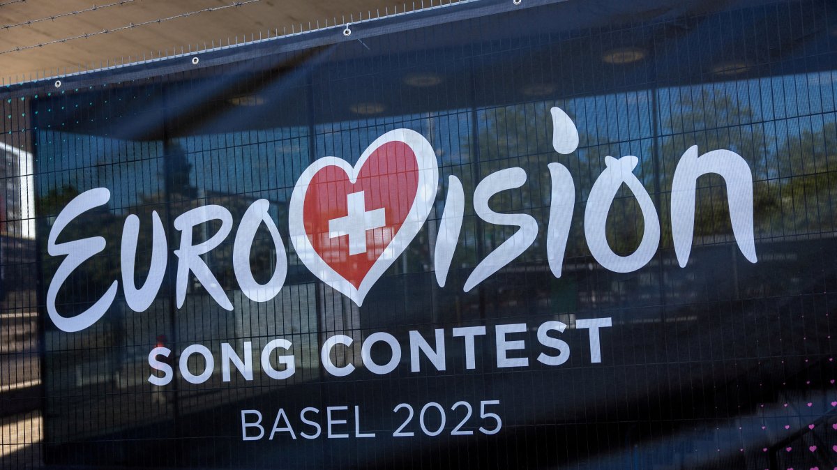 A logo of the Eurovision Song Contest is seen in front of the St. Jakobshalle, Basel, Switzerland, May 1, 2025. (Reuters Photo)
