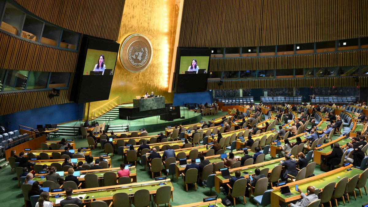 President of the 80th session of the United Nations General Assembly Annalena Baerbock speaks during a meeting to vote on a two-state solution to the Palestinian question at U.N. headquarters, Sept. 12, 2025. (AFP Photo)