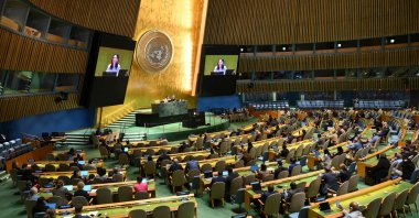 President of the 80th session of the United Nations General Assembly Annalena Baerbock speaks during a meeting to vote on a two-state solution to the Palestinian question at U.N. headquarters, Sept. 12, 2025. (AFP Photo)