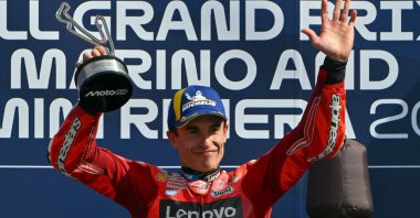 Ducati Lenovo Team rider Marc Marquez celebrates his victory at the San Marino Moto GP, in Misano Adriatico, northern Italy, Sept. 14, 2025. (AFP Photo)