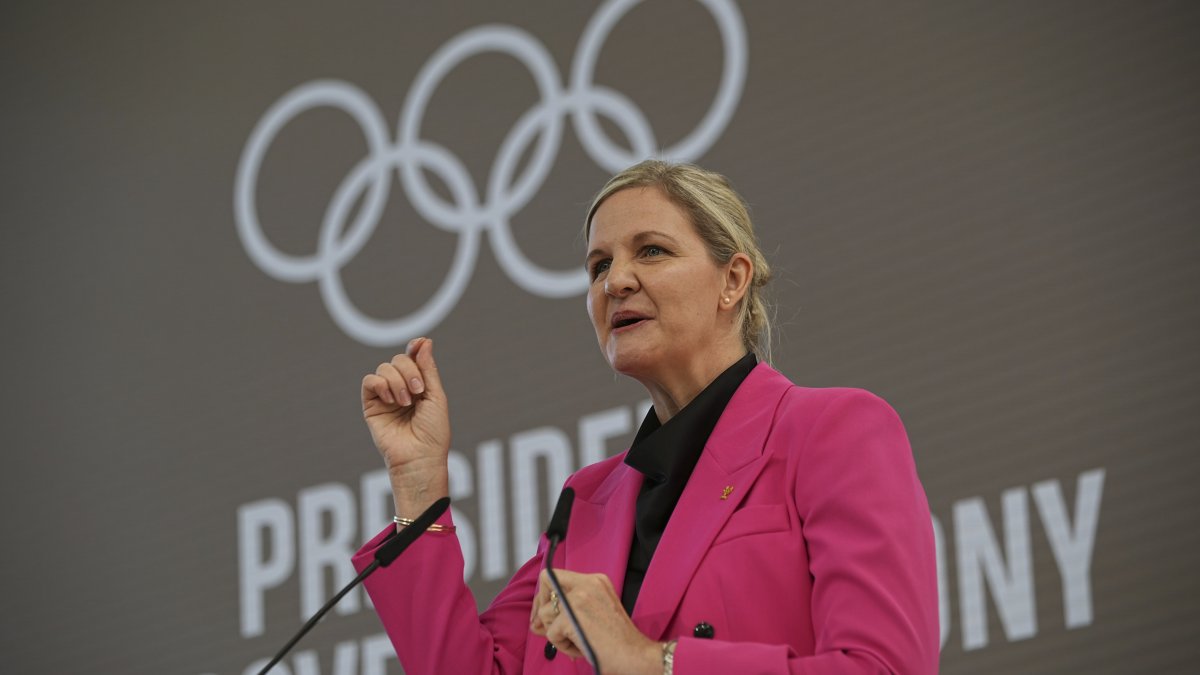 IOC President Kirsty Coventry speaks during the handover ceremony of the IOC Presidency at Olympic House, Lausanne, Switzerland, June 23, 2025. (AP Photo)