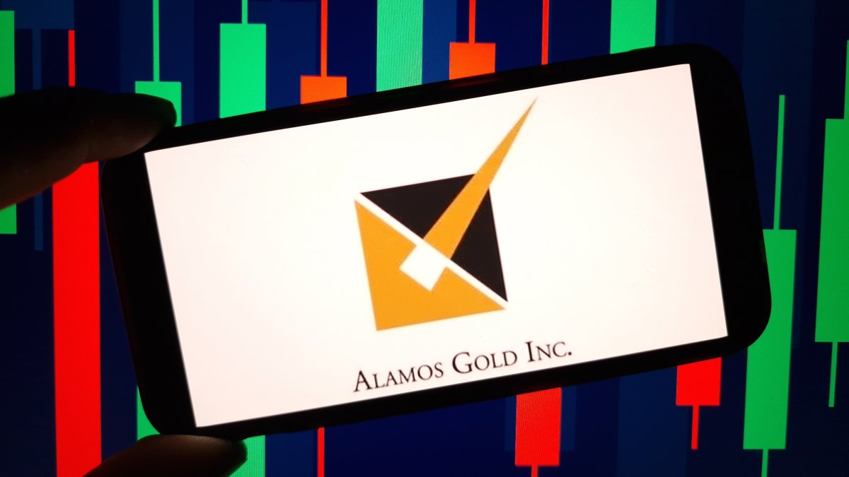Alamos Gold company logo displayed on a mobile phone in Konskie, Poland, May 30, 2024. (Shutterstock Photo)