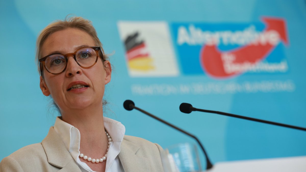 Alternative for Germany (AfD) party and faction co-chairwoman Alice Weidel speaks during a media statement of the AfD faction at the German Parliament in Berlin, Germany, Sept. 15, 2025. (EPA Photo)