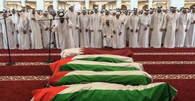 This grab from footage released by Qatar TV shows Qatar&#039;s Emir Sheikh Tamim bin Hamad Al Thani attending the funeral of people killed in an Israeli strike two days earlier, Doha, Qatar, Sept. 11, 2025. (AFP Photo)