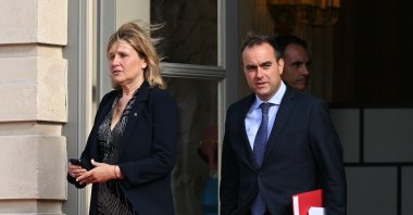 President of the French National Assembly Yael Braun-Pivet (L) escorts France&#039;s new Prime Minister Sebastien Lecornu out of the Palais Bourbon, venue of the lower legislative chamber of the French Parliament, following their meeting in Paris, France, Sept. 11, 2025. (AFP Photo)