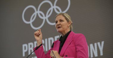 IOC President Kirsty Coventry speaks during the handover ceremony of the IOC Presidency at Olympic House, Lausanne, Switzerland, June 23, 2025. (AP Photo)