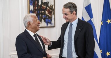 Greek Prime Minister Kyriakos Mitsotakis (R) welcomes European Council President Antonio Costa (L) before their meeting, Athens, Greece, Sept. 15, 2025. (AFP Photo)