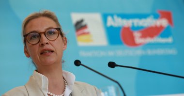 Alternative for Germany (AfD) party and faction co-chairwoman Alice Weidel speaks during a media statement of the AfD faction at the German Parliament in Berlin, Germany, Sept. 15, 2025. (EPA Photo)