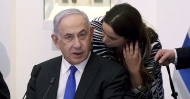 Israeli Minister for Social Equality May Golan speaks with Israeli Prime Minister Benjamin Netanyahu during a Cabinet meeting at the Bible Lands Museum in Jerusalem, Wednesday, June 5, 2024. (AP File Photo)