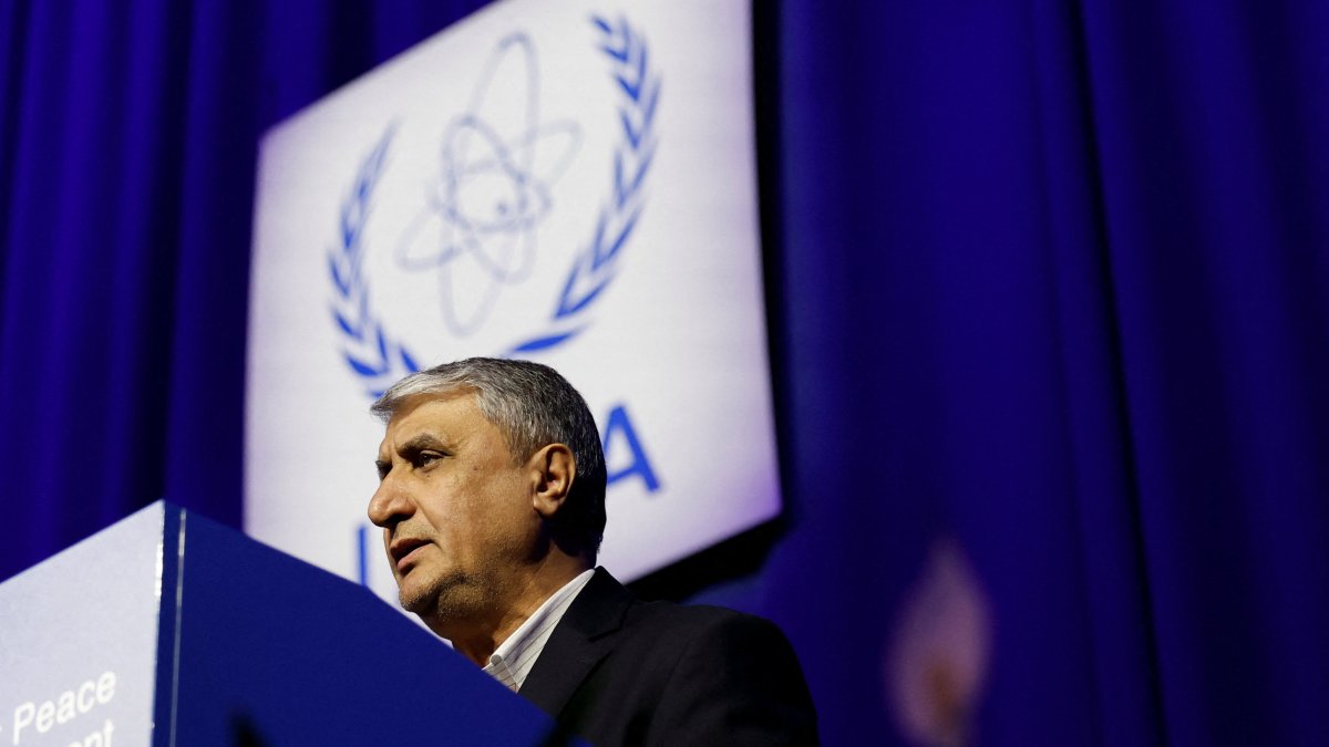 Mohammad Eslami, head of the Atomic Energy Organization of Iran (AEOI), speaks at the opening of the International Atomic Energy Agency (IAEA) General Conference at the agency&#039;s headquarters, Vienna, Austria, Sept. 15, 2025. (Reuters Photo)