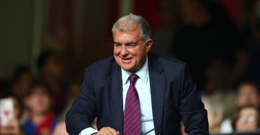 Barcelona president Joan Laporta reacts during the LaLiga match against Rayo Vallecano at Campo de Futbol de Vallecas, Madrid, Spain, Aug. 31, 2025. (Reuters Photo)