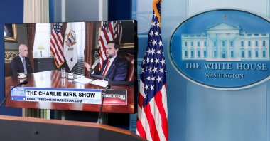 U.S. Vice President JD Vance and White House Deputy Chief of Staff Stephen Miller appear on video monitors in the press briefing room at the White House in Washington, D.C., U.S., Sept. 15, 2025. (Retuers Photo)