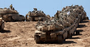 A convoy of Israeli tanks is deployed at Israel&#039;s border with the Gaza Strip ahead of an assault on Gaza City, Palestine, Sept. 16, 2025. (AFP Photo)