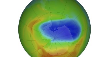 This image made available by NASA shows a map of a hole in the ozone layer over Antarctica, Oct. 20, 2019. (AP Photo)