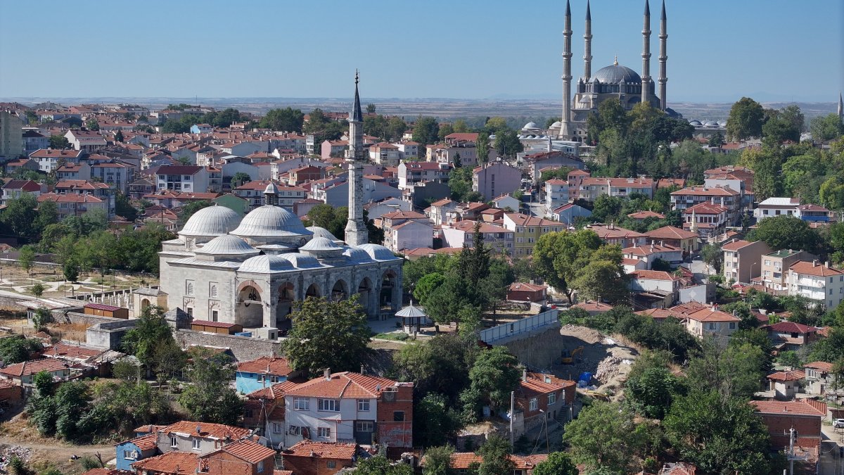 An aerial view of Muradiye Mevlevihanesi (L) in Edirne, northwestern Türkiye, Sept. 17, 2025. (AA Photo)